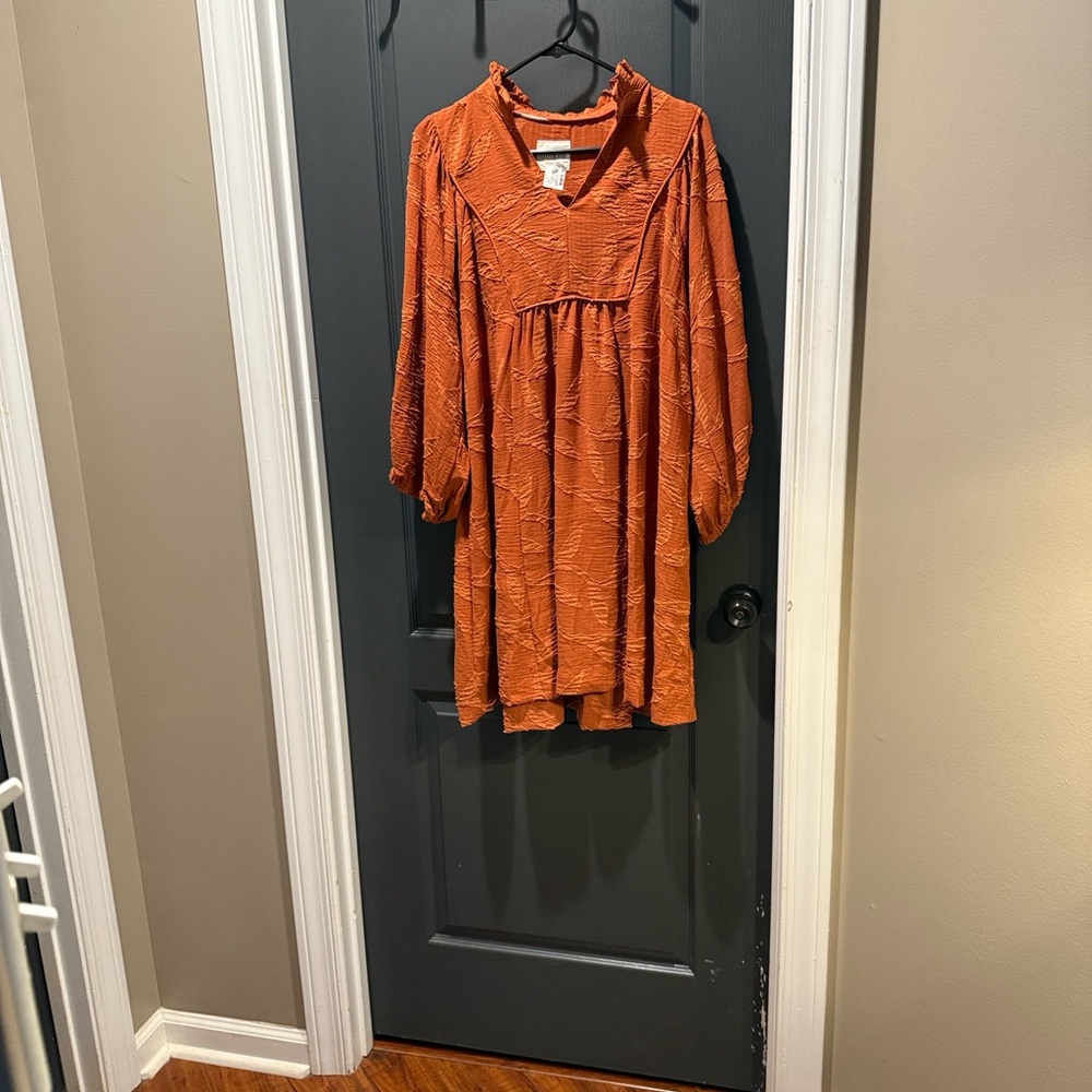 Umgee Terracotta Long Sleeve Dress with Leaf Design - Picture 4 of 4
